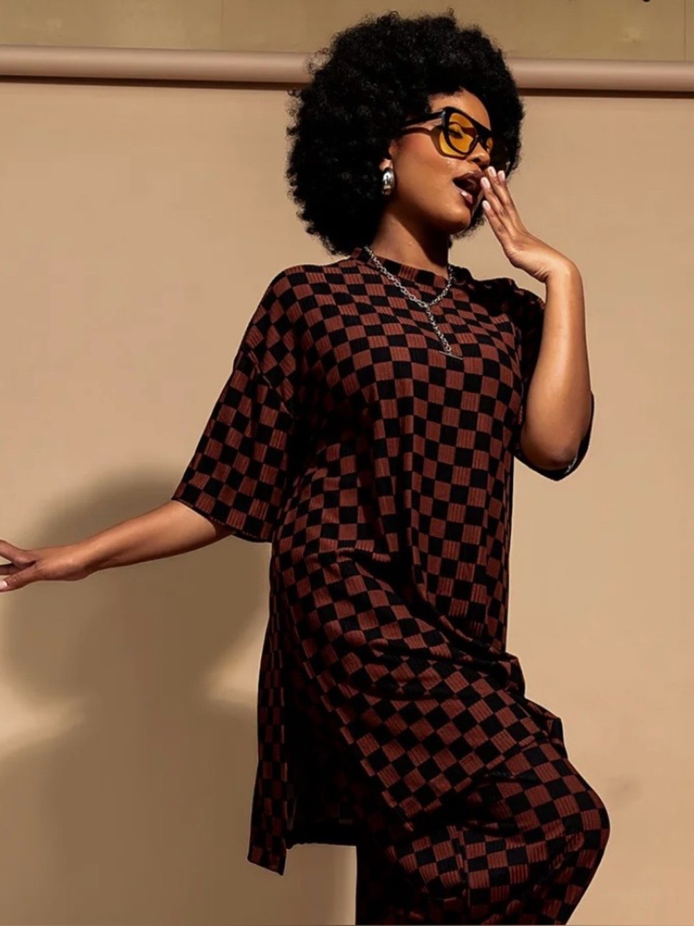 Dressed in LALA Brown & Black Checkerboard Knit Top